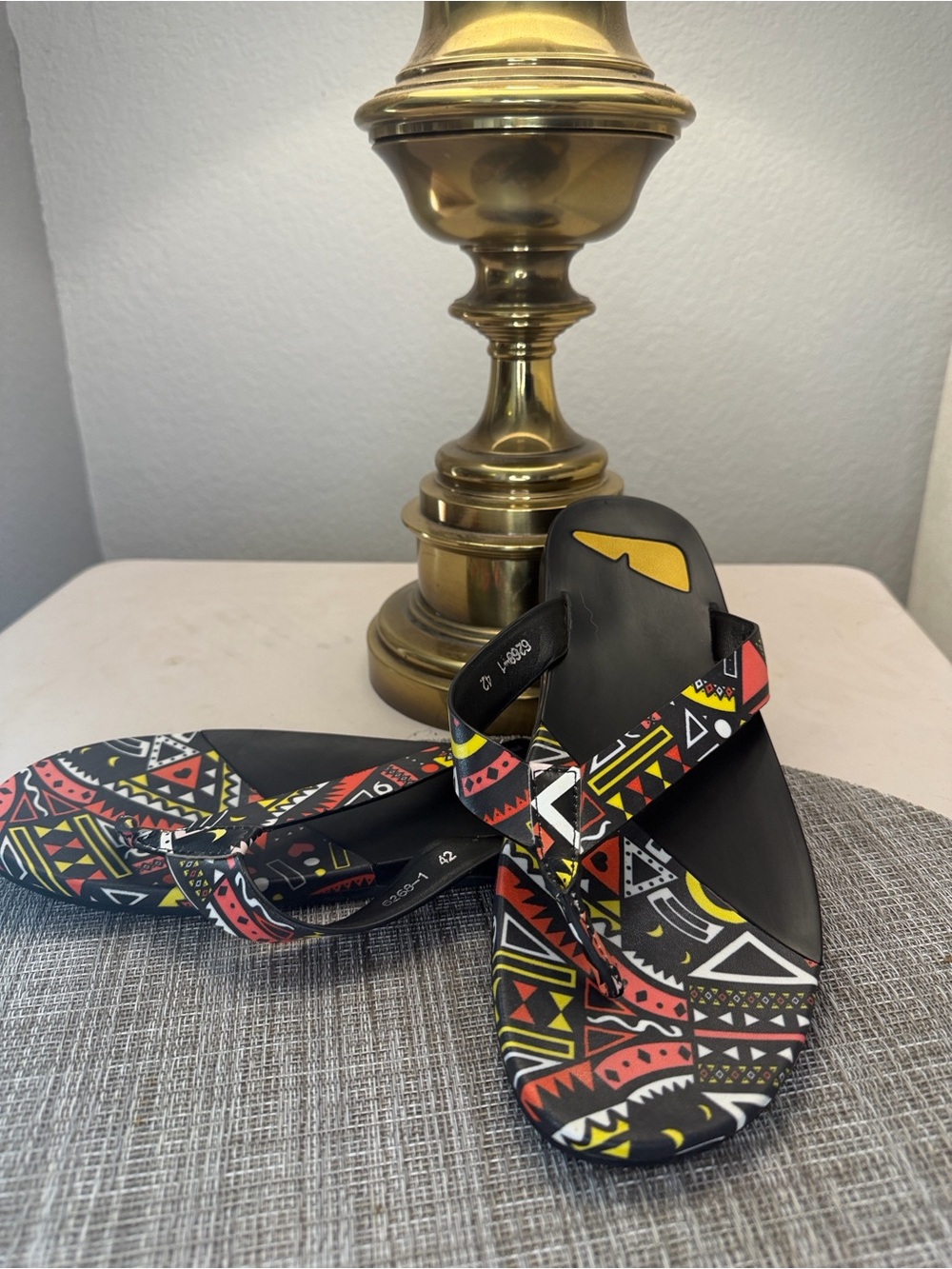Fendi Black Multicolor Geometric Print Flip Flops
